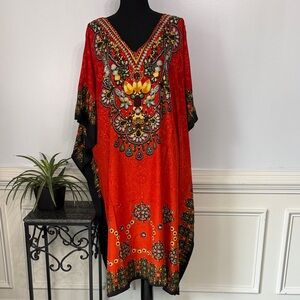 EY Signature Red Kaftan Intricate Pattern Glitter Lightweight Flowing OS